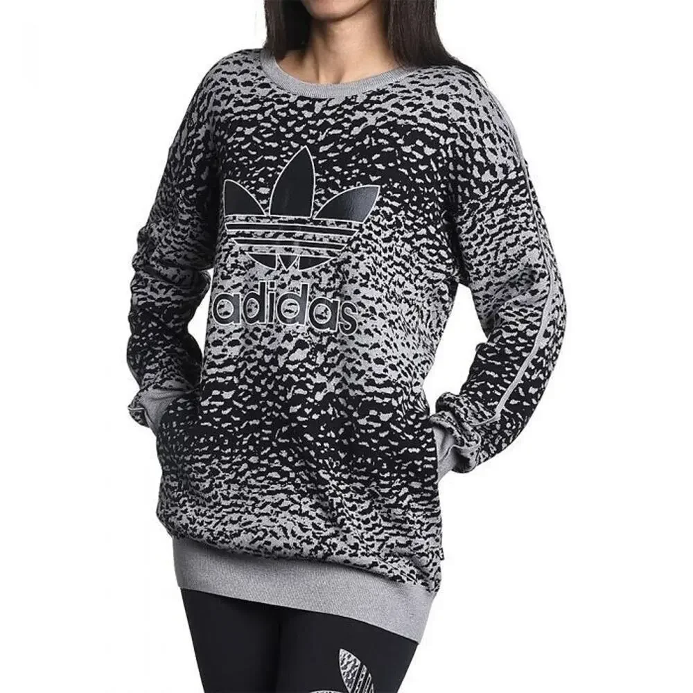 Adidas Sweater Womens XS Gray Black Helsinki Ice Print Cotton Knit Drop Shoulder